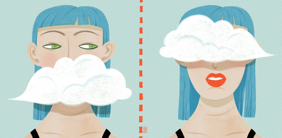 Illustration shows a woman whose mouth is covered by a cloud and whos eyes are covered by a cloud.