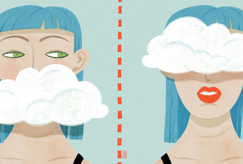 Illustration shows a woman whose mouth is covered by a cloud and whos eyes are covered by a cloud.