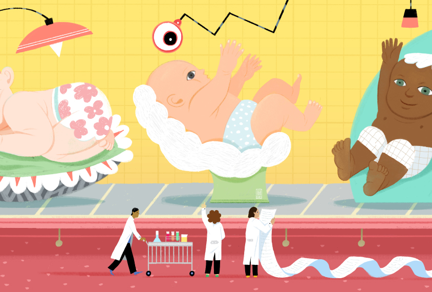 Colorful, playful illustrated scene of ewborns on a conveyor belt moving past researchers holding a long, long list.