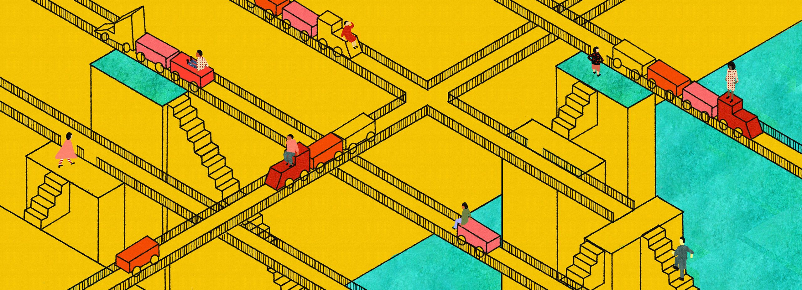 Illustration shows yellow landscape with blue sections and a lot of trains on paths with kids on the trains, going different directions.
