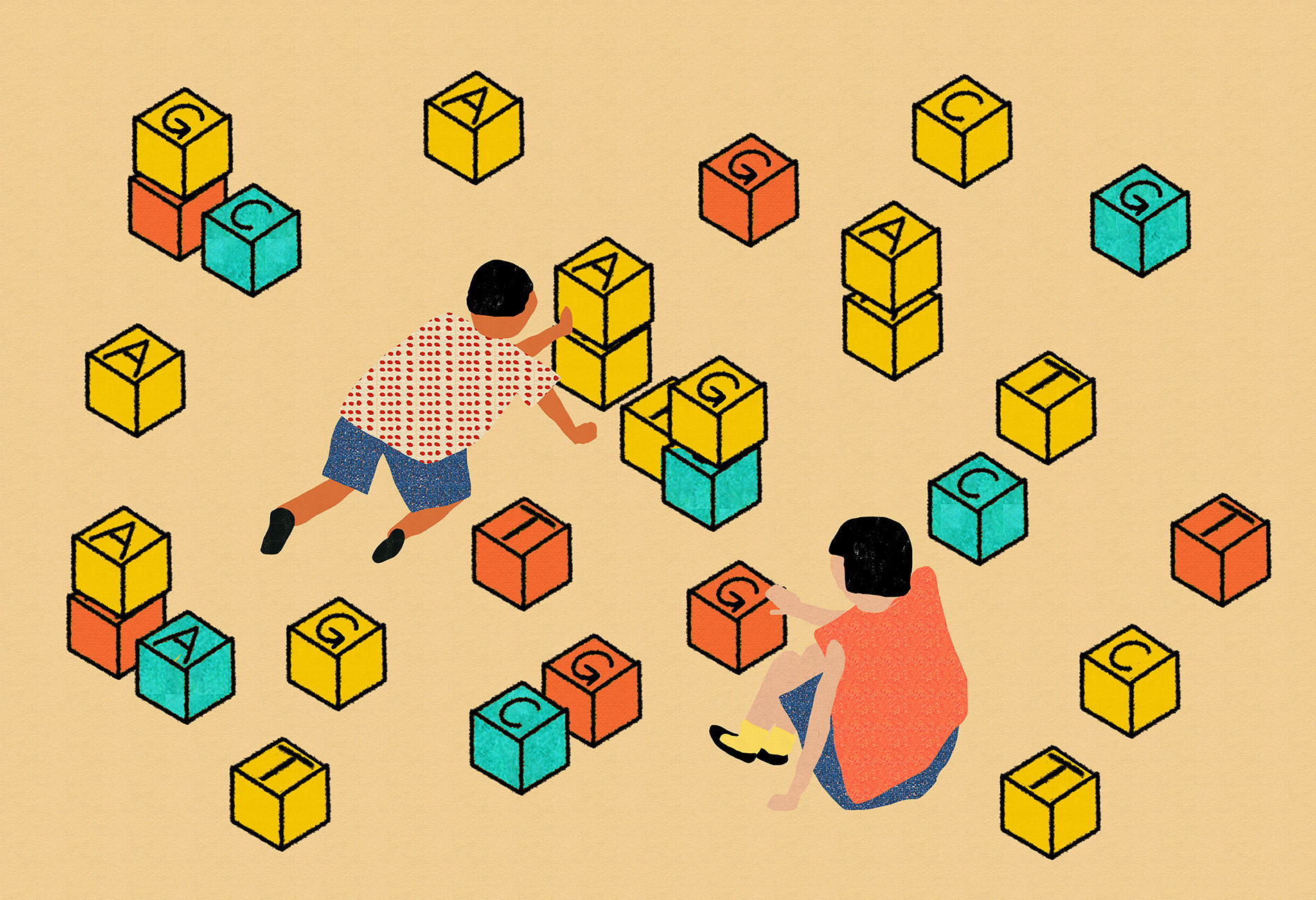 Children arranging blocks with letters representing the four bases of DNA, the A, C, G, and Ts.