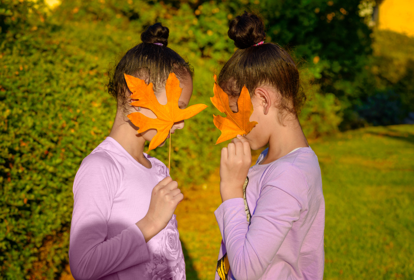 Image shows two young girls, identical twins, covering their faces with leaves while facing each other.