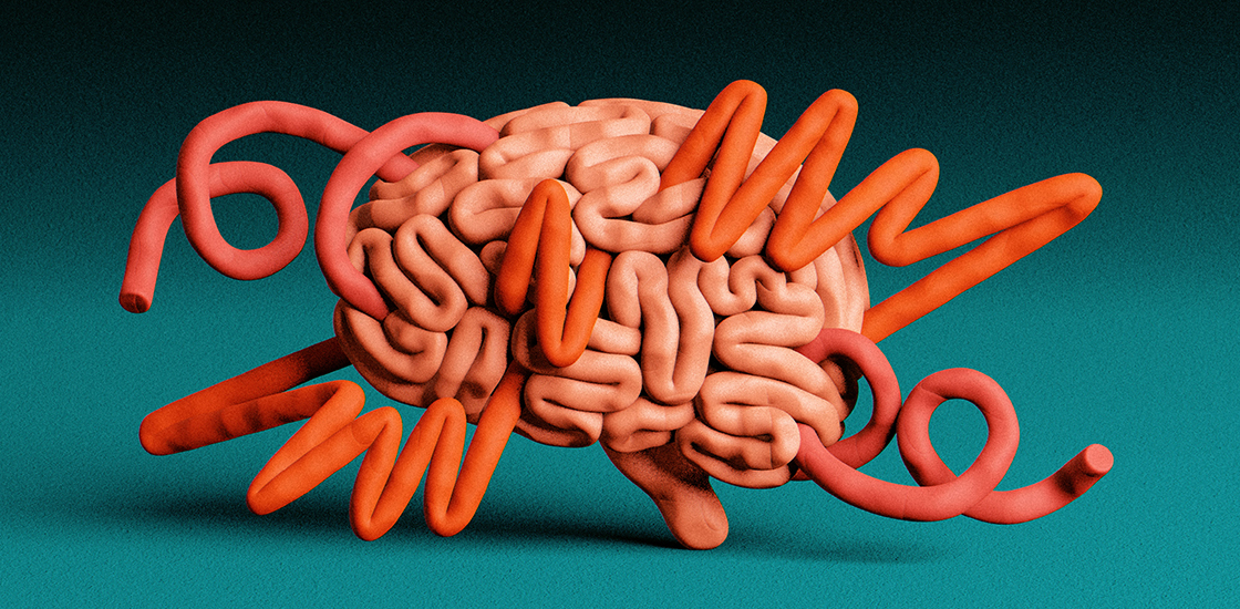 Illustration of brain showing overexcited and underexcited parts of the brain represented by jagged and loose squiggles.