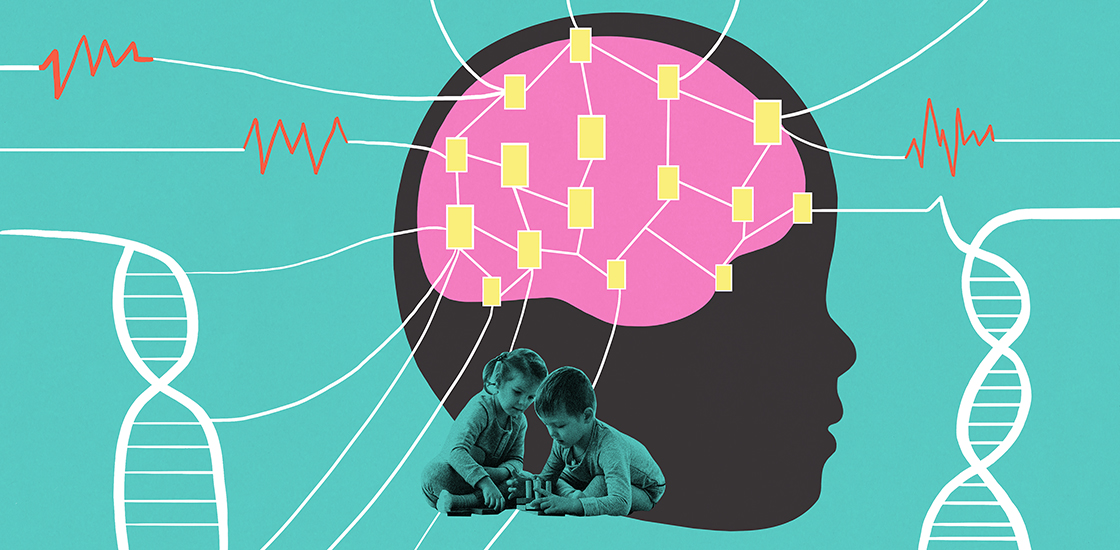 Colorful illustration of child's brain with electrodes connected EEG wave patterns, DNA strand, and playing siblings.