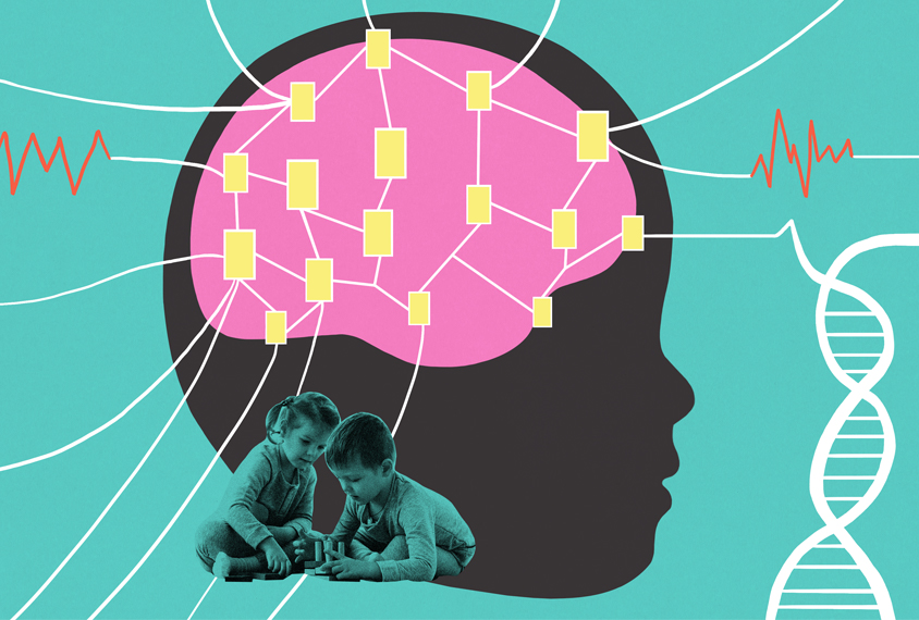 Colorful illustration of child's brain with electrodes connected EEG wave patterns, DNA strand, and playing siblings.