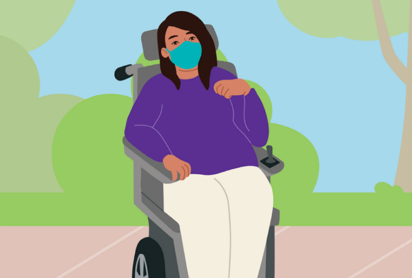 Illustration of a masked woman in a wheelchair representing someone who may benefit from the CDC's new information and tip sheets about COVID-19.