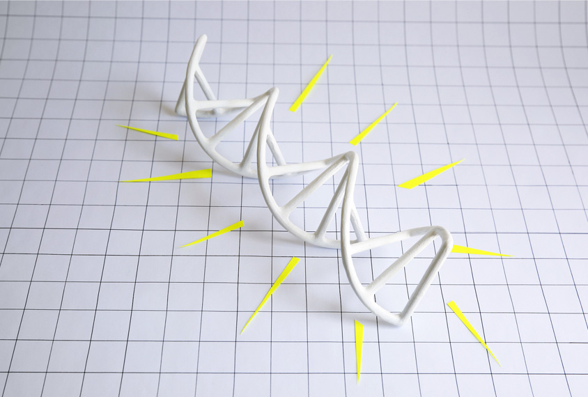 Illustration: a 3D DNA molecule sits on a gridded background, with yellow paper rays arrayed around it.