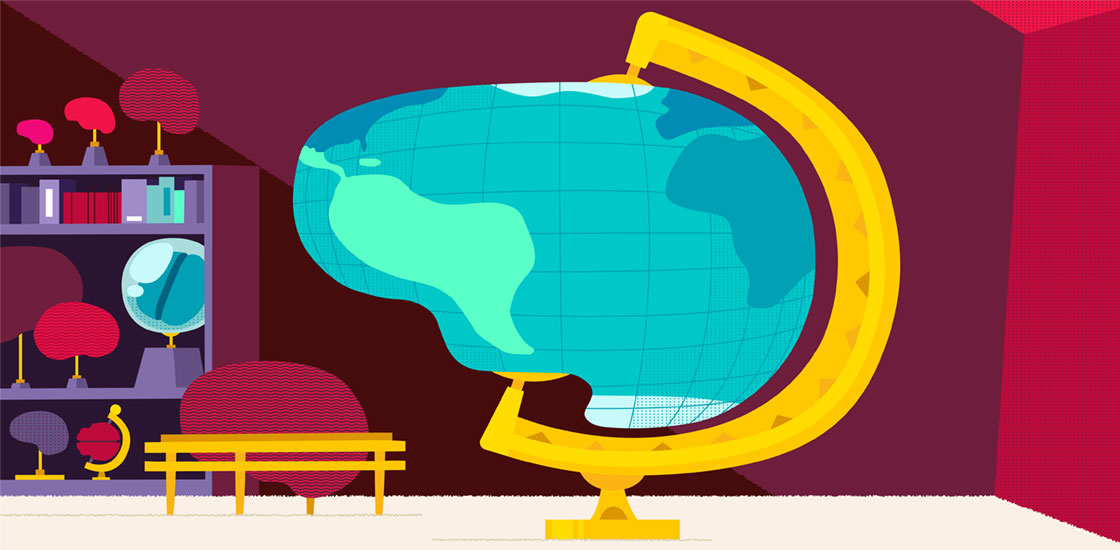 Illustration of large globe shaped like a brain sitting in center of room and showing Latin America prominently.