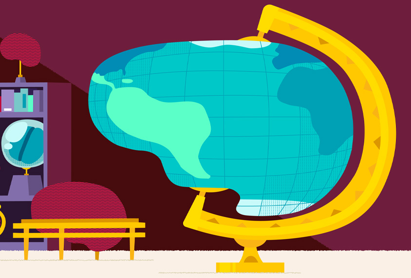 Illustration of large globe shaped like a brain sitting in center of room and showing Latin America prominently.