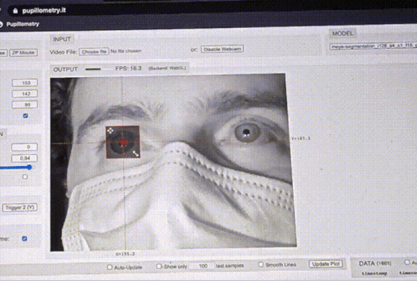Annimation of eye tracking application following the pupil in a man's eye.