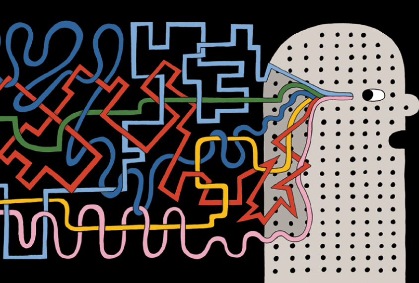 Illustration shows a cartoon-like simple figure made out of a switchboard, with colorful cables converging on an area deep in the brain.