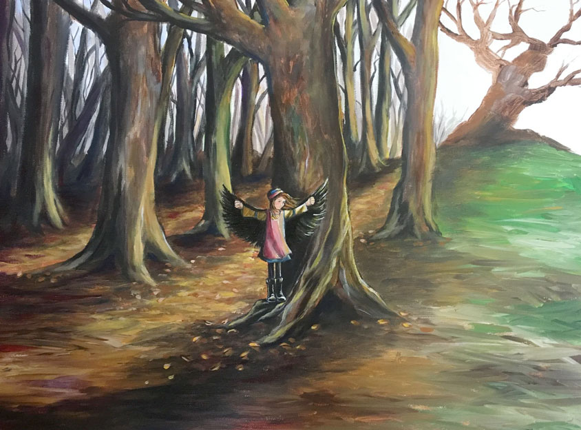 Painting of young girl standing with wings standing next to a tree in the middle of a forest.