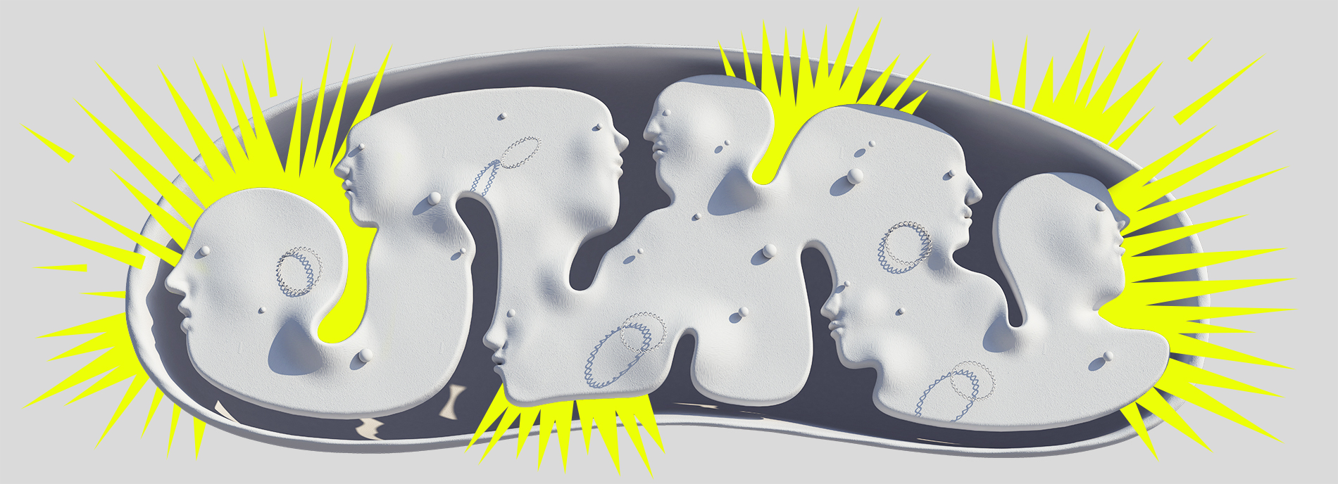 Stylized illustration combines flat color and 3D forms make up a mitochondria with human heads inside it.