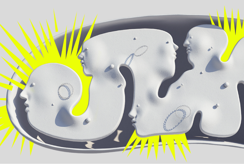 Stylized illustration combines flat color and 3D forms make up a mitochondria with human heads inside it.