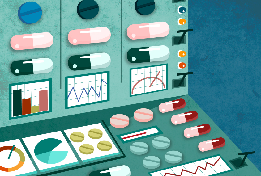 Control panel made with pills as buttons and switches.