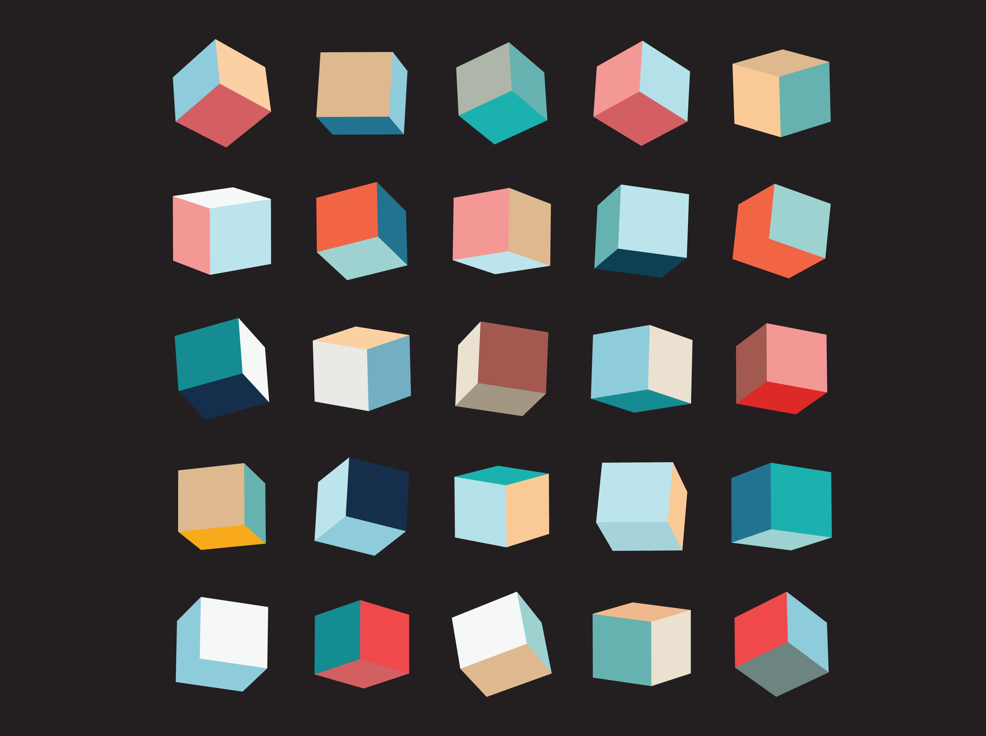 A loose grid of same-sized colored cubes, at different angles, representing data comparison.