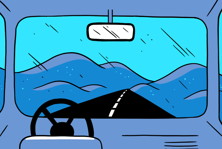 Illustration shows a road going into the distance, seen from the driver's point of view.