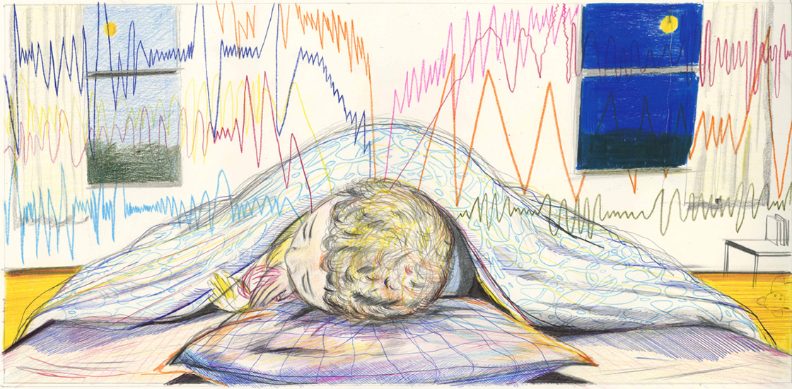 Conceptual illustration of child sleeping under blanket with multiple EEG waves overlaid on top and a window on left showing it is daytime and window on right showing nighttime.