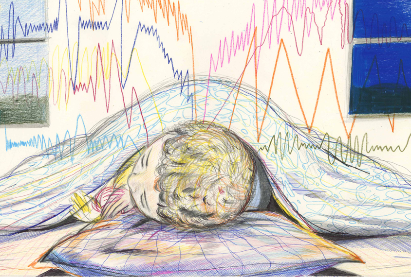 Conceptual illustration of child sleeping under blanket with multiple EEG waves overlaid on top and a window on left showing it is daytime and window on right showing nighttime.