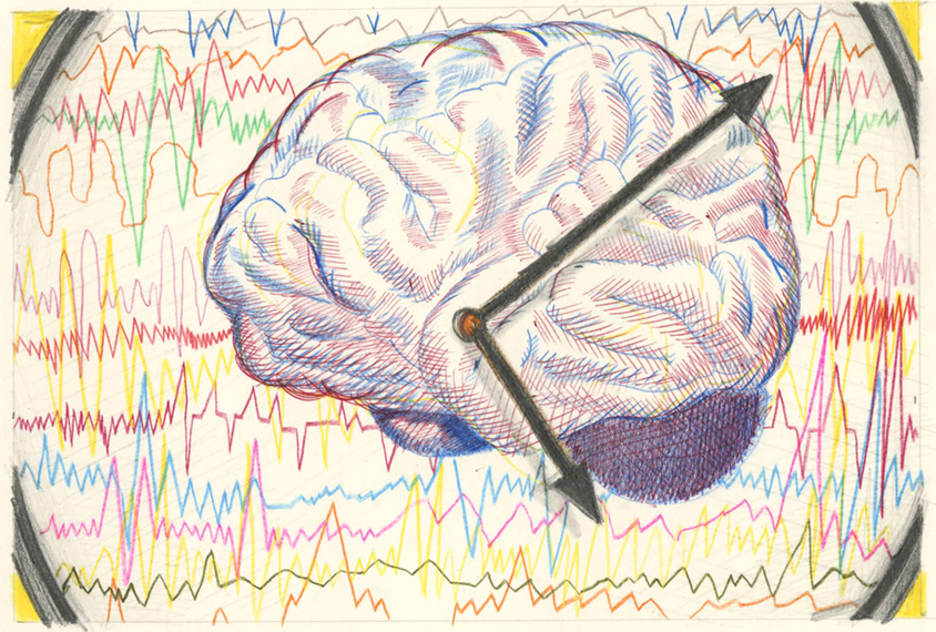 Conceptual illustration of clock with coloful EEG waves and brain in the background.