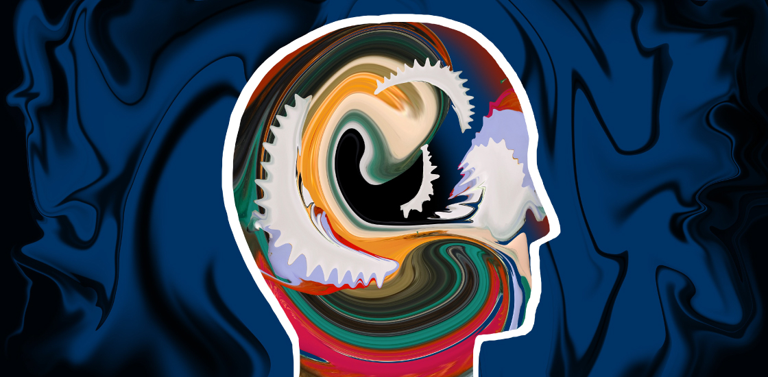 Illustration of head in profile filled with swirls of color.