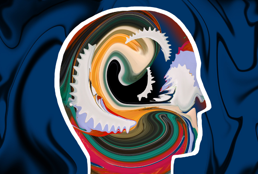 Illustration of head in profile filled with swirls of color.