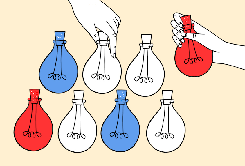 Illustration of hybrid objects: part light bulb, part lab vial, some in blue and some in red to signify null and replicated results.
