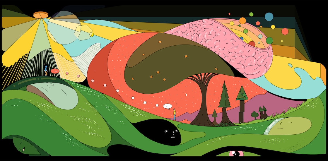 An illustration of a colorful, psychedelic landscape featuring two people standing on a hill speaking to one another