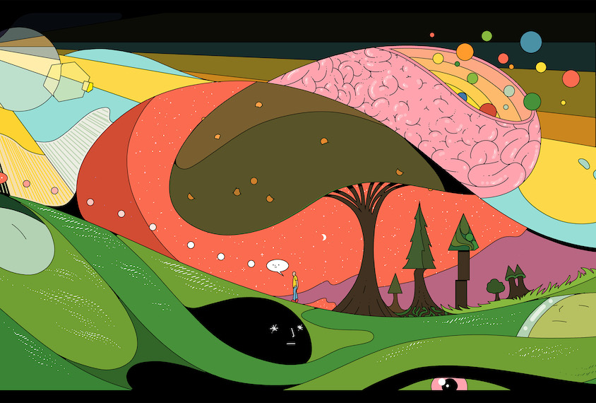 An illustration of a colorful, psychedelic landscape featuring two people standing on a hill speaking to one another