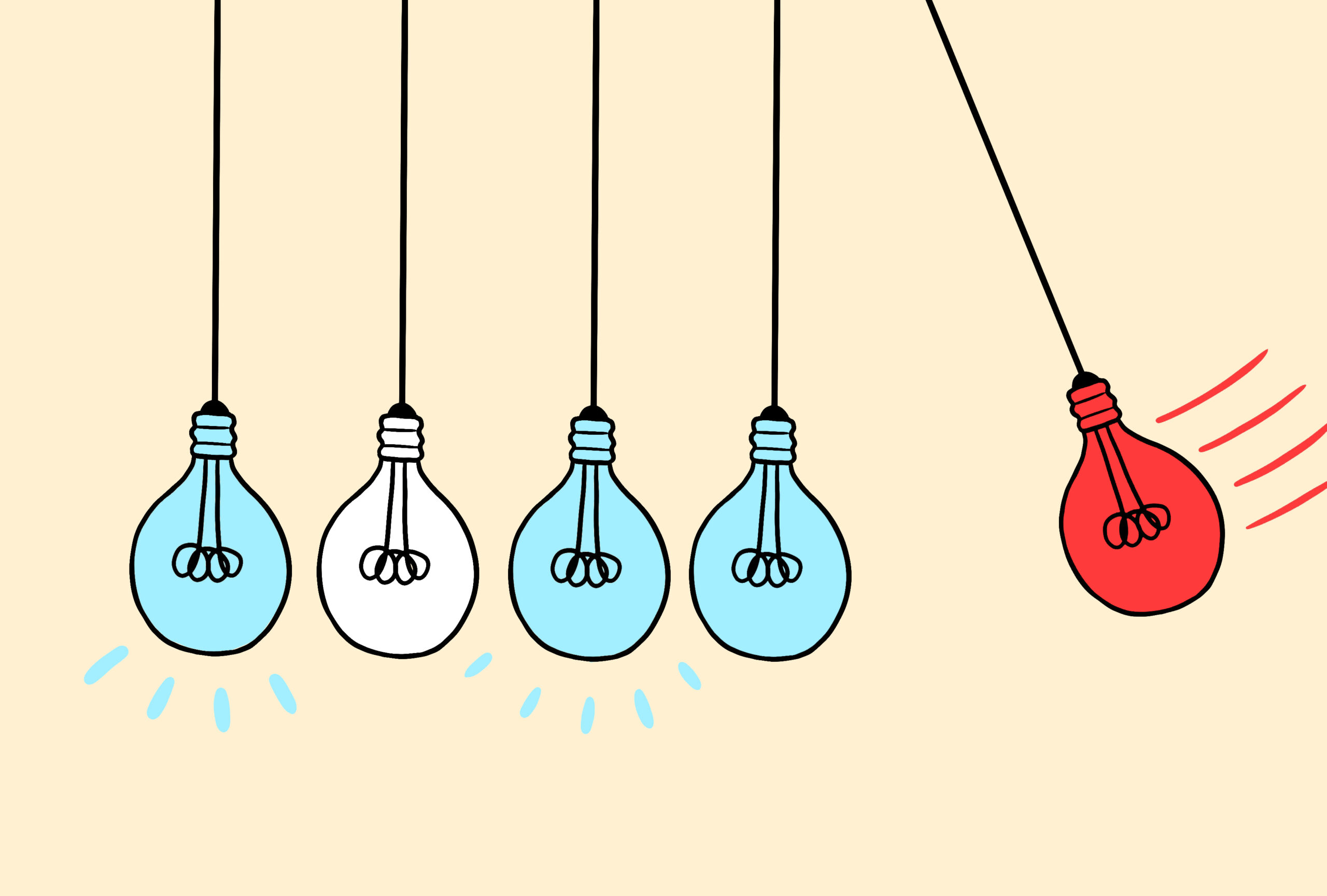 Illustration of hybrid objects: part light bulb, part lab vial, some in blue and some in red to signify null and replicated results.