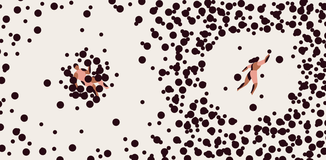 Illustration of two figures in a field of black circles representing genetic risks. The circles surround the figure on the left and stay farther away from the figure on the right.