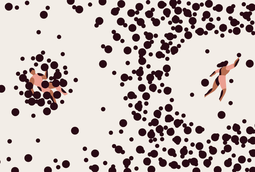 Illustration of two figures in a field of black circles representing genetic risks. The circles surround the figure on the left and stay farther away from the figure on the right.