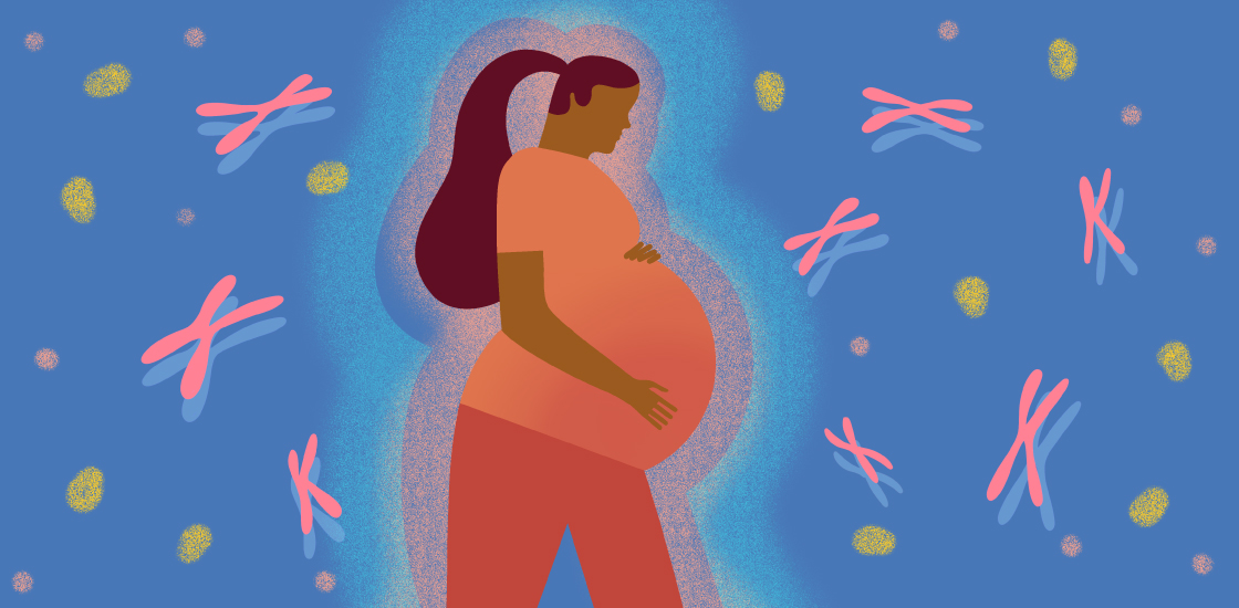 Illustration of a pregnant woman in a peach-colored shirt and light red pants standing in profile against a backdrop of chromosomes