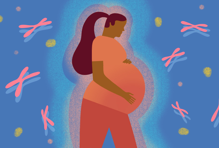 Illustration of a pregnant woman in a peach-colored shirt and light red pants standing in profile against a backdrop of chromosomes