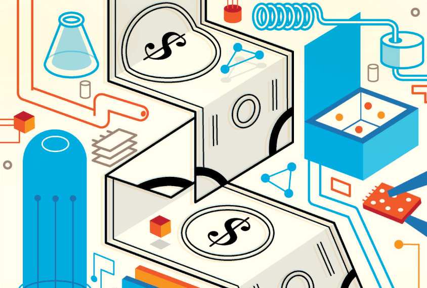 An abstract "funding mechanism" featuring dollar bills alongside tubes, beakers and wires