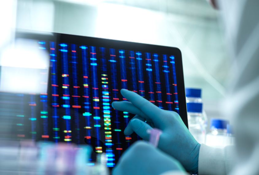 Scientist examining DNA (deoxyribonucleic acid) results on a screen in a laboratory.