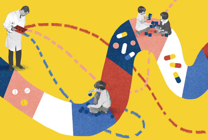 A red, white, blue and pink board game-like pathway with several children playing on it sits against a yellow background. The pathway also features several pills, and at the left is a doctor consulting a notepad.