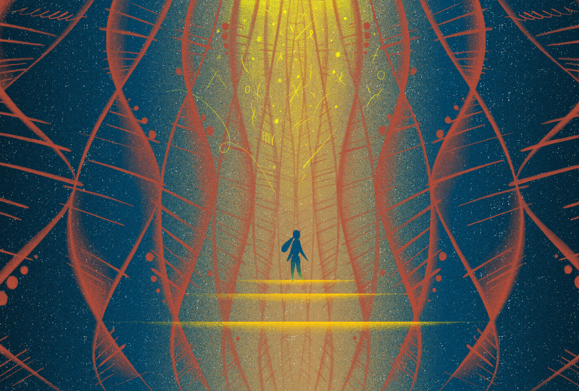 small figure looks up at large DNA helixes.