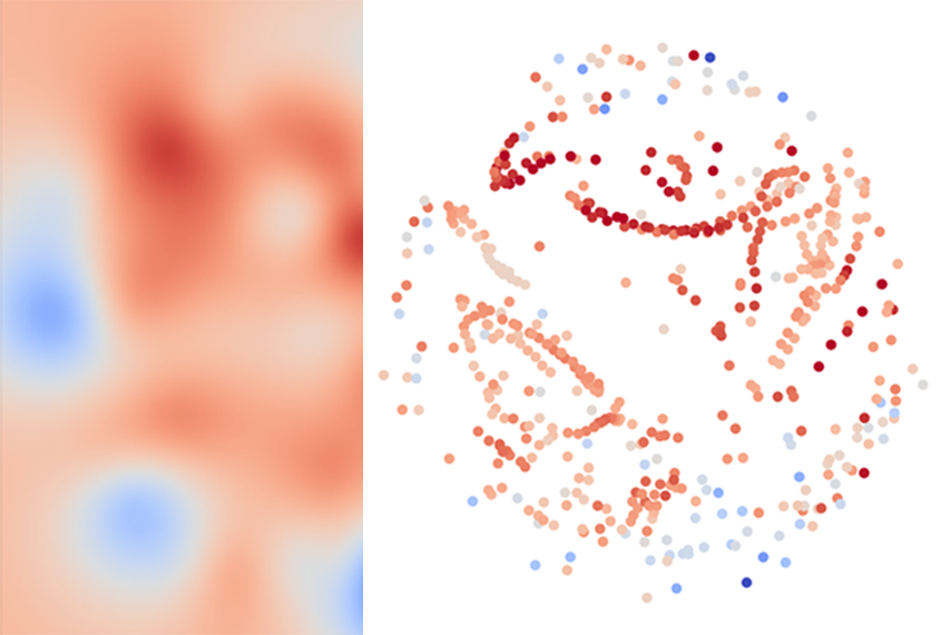 On the left hand side are several abstract and blurry red and blue blobs. On the right hand side are a series of red and blue dots.