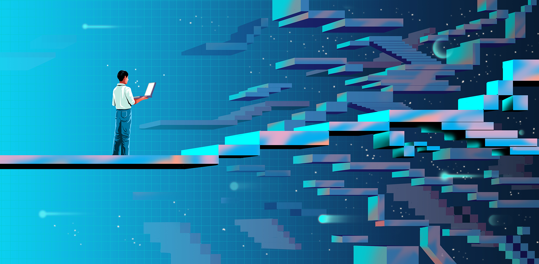 Researcher on path in space that leads to open, shared data network.