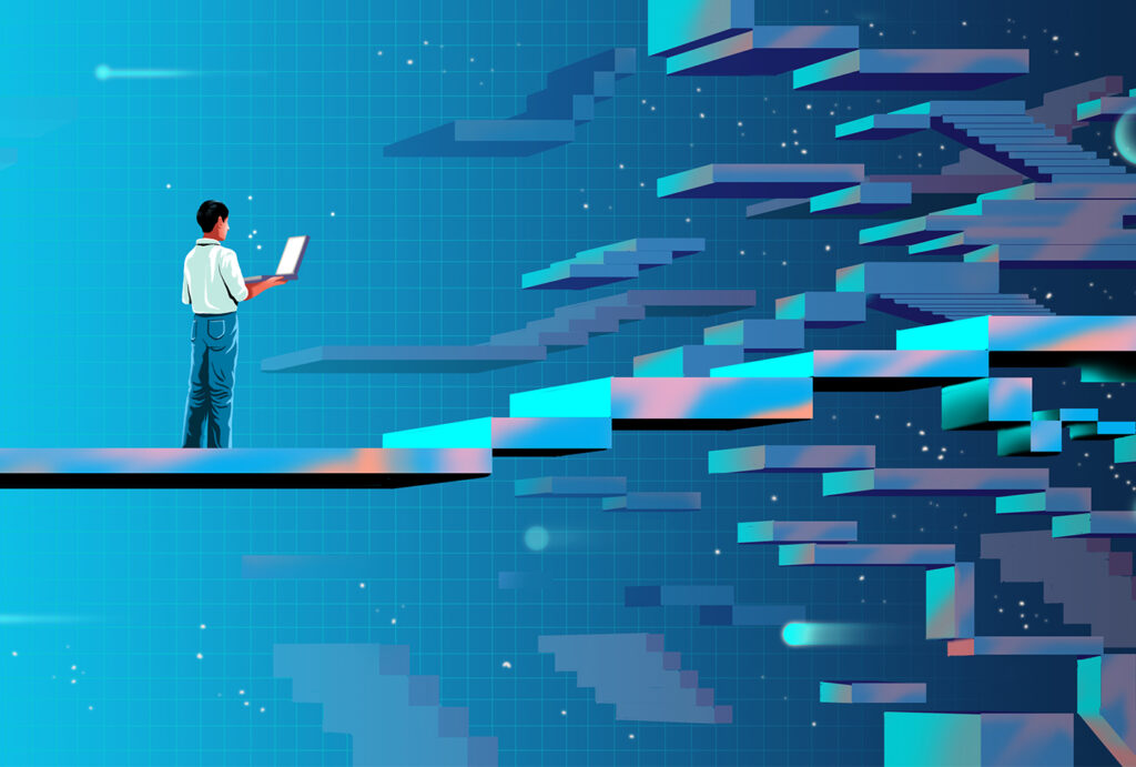 Researcher on path in space that leads to open, shared data network.