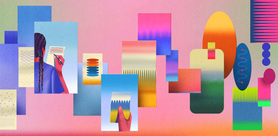 A group of rectangles placed against a colorful background contains diverse colors and patterns.