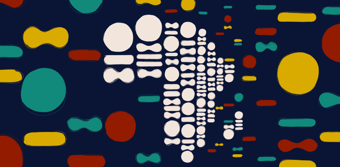 A pattern in the style of genetic sequencing forms into the shape of the African continent.