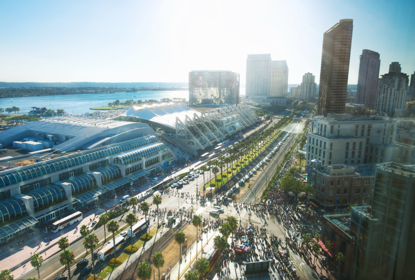 The San Diego Convention Center viewed from above on a sunny day.