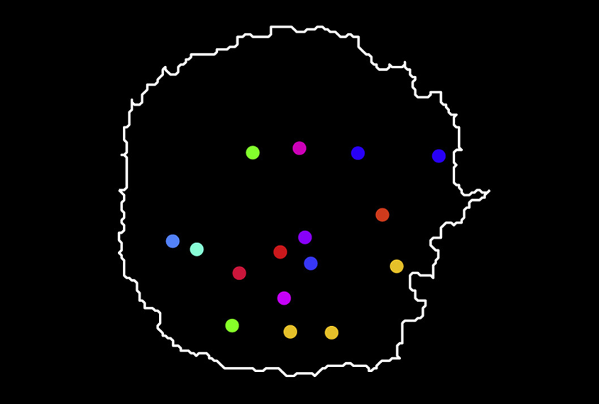An illustration of a white circle containing multi colored dots.