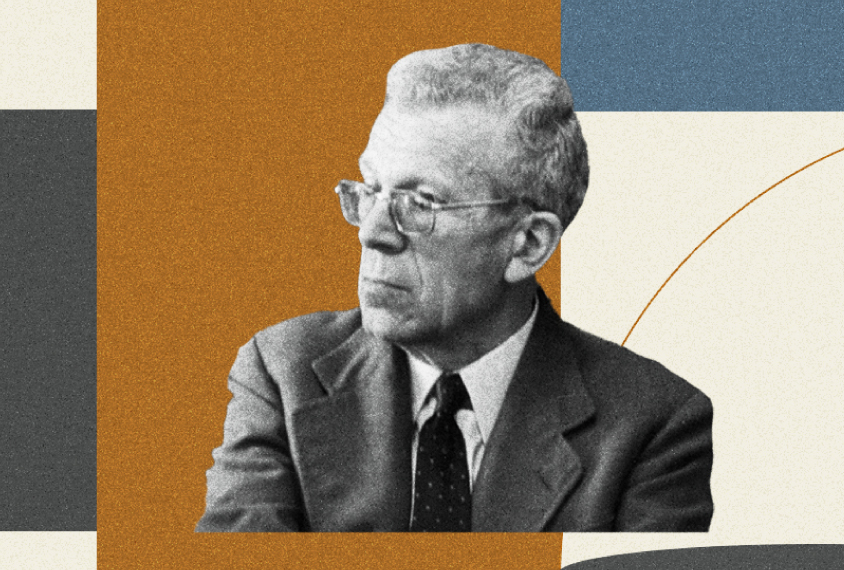 Black and white portrait of Hans Asperger against an abstract background.