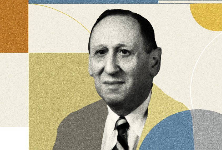 Black and white photograph of Leo Kanner in a delicate collage of squares and circles on a cream colored background.