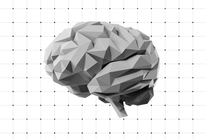 Geometric black-and-white brain model over a grid.