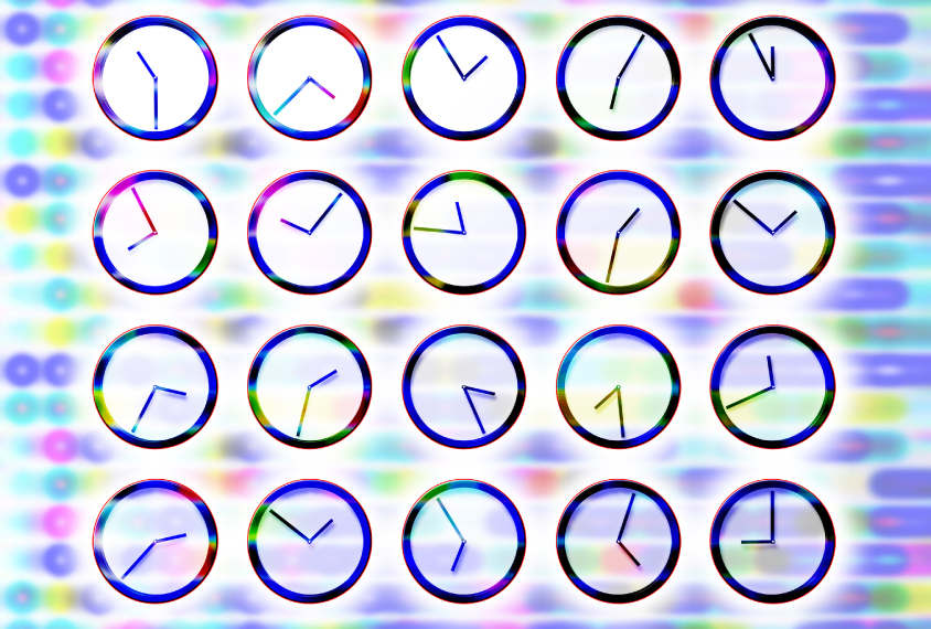 A grid of clocks placed over a colorful gene sequence.