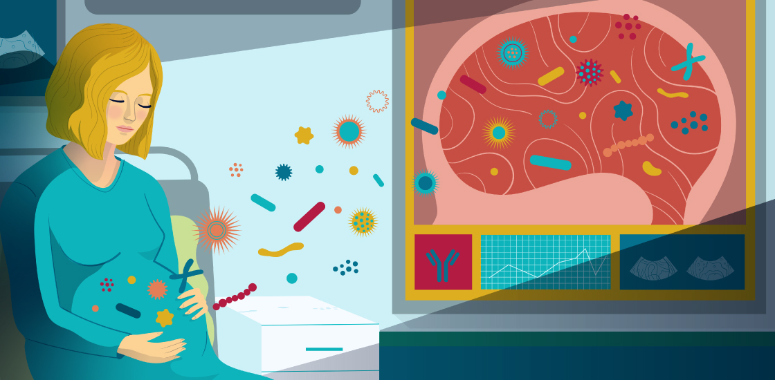 Illustration of a pregnant woman seated next to a large diagram of the brain featuring chromosomes, bacteria and other microbes.